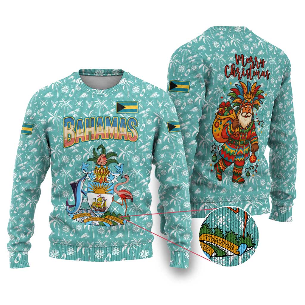 Bahamas Christmas Ugly Christmas Sweater with Teal Palm Pattern Carnival Santa and National Emblem Motif - Wonder Print Shop