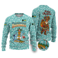 Bahamas Christmas Ugly Christmas Sweater with Teal Palm Pattern Carnival Santa and National Emblem Motif - Wonder Print Shop