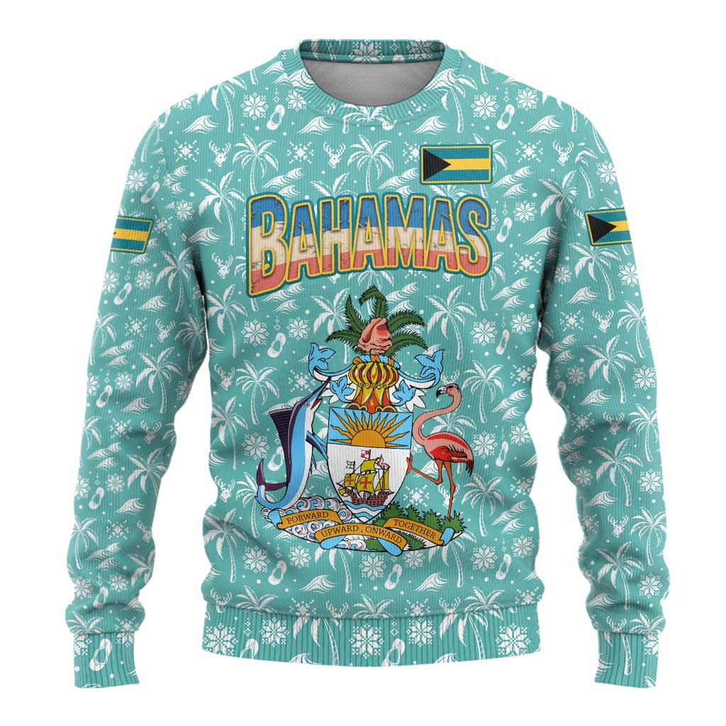 Bahamas Christmas Ugly Christmas Sweater with Teal Palm Pattern Carnival Santa and National Emblem Motif - Wonder Print Shop