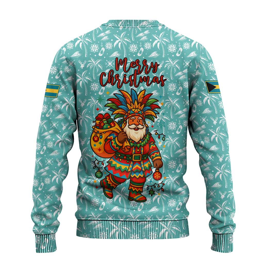 Bahamas Christmas Ugly Christmas Sweater with Teal Palm Pattern Carnival Santa and National Emblem Motif - Wonder Print Shop