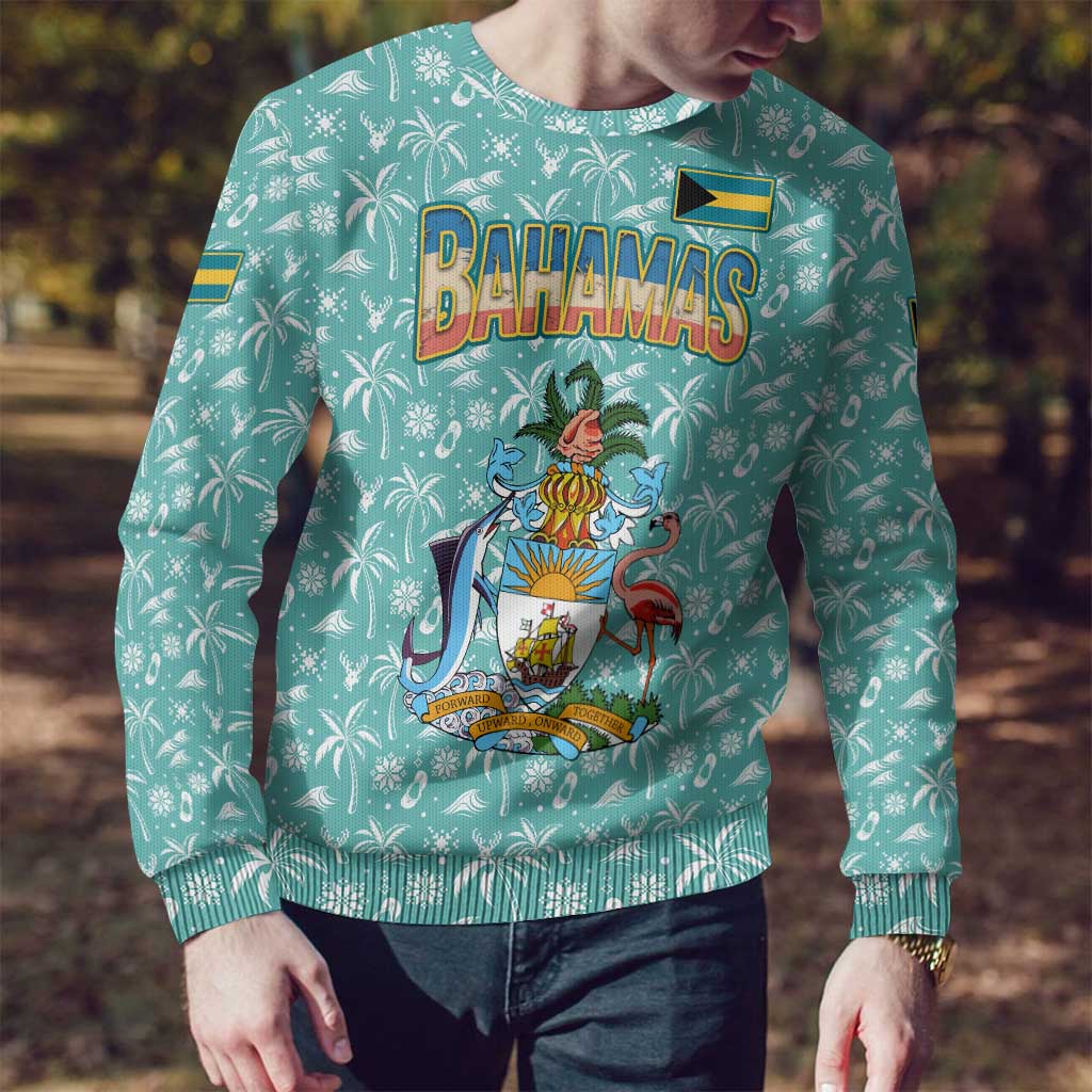 Bahamas Christmas Ugly Christmas Sweater with Teal Palm Pattern Carnival Santa and National Emblem Motif - Wonder Print Shop