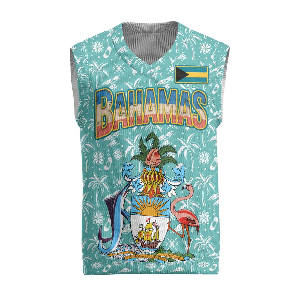 Bahamas Christmas Knitted V-Neck Vest with Teal Palm Pattern Carnival Santa and National Emblem Motif - Wonder Print Shop