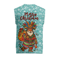 Bahamas Christmas Knitted V-Neck Vest with Teal Palm Pattern Carnival Santa and National Emblem Motif - Wonder Print Shop