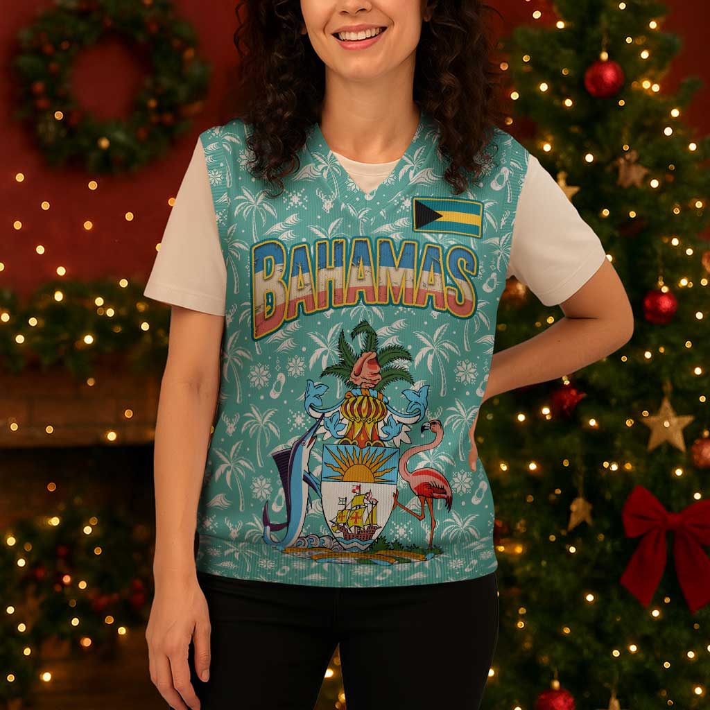 Bahamas Christmas Knitted V-Neck Vest with Teal Palm Pattern Carnival Santa and National Emblem Motif - Wonder Print Shop