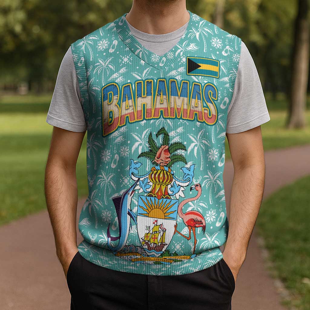 Bahamas Christmas Knitted V-Neck Vest with Teal Palm Pattern Carnival Santa and National Emblem Motif - Wonder Print Shop