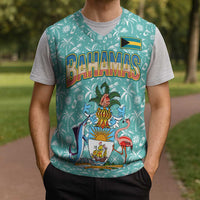 Bahamas Christmas Knitted V-Neck Vest with Teal Palm Pattern Carnival Santa and National Emblem Motif - Wonder Print Shop