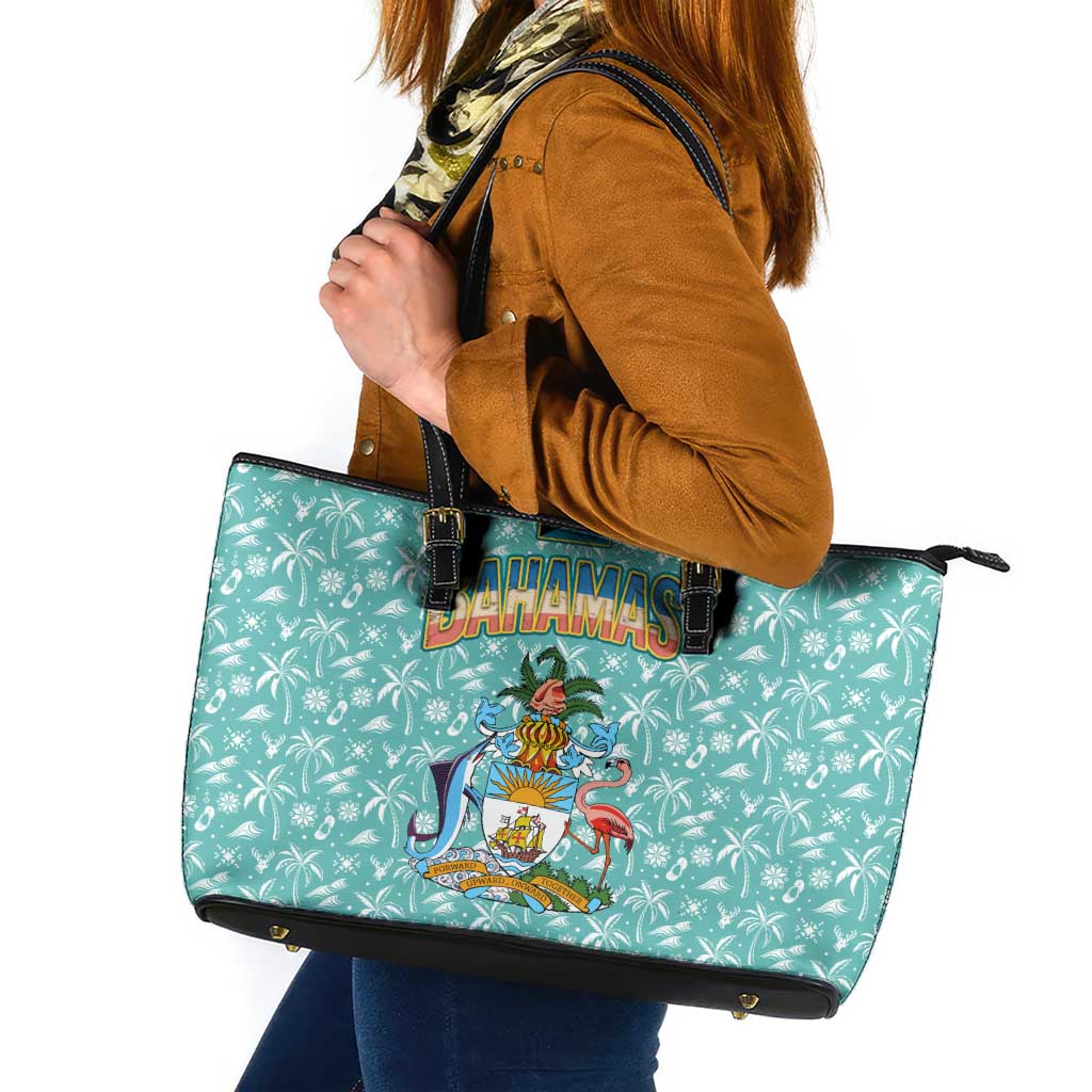 Bahamas Christmas Leather Tote Bag with Teal Palm Pattern Carnival Santa and National Emblem Motif - Wonder Print Shop