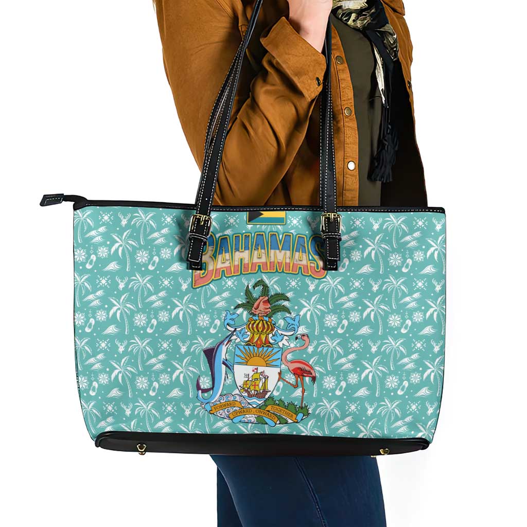 Bahamas Christmas Leather Tote Bag with Teal Palm Pattern Carnival Santa and National Emblem Motif - Wonder Print Shop