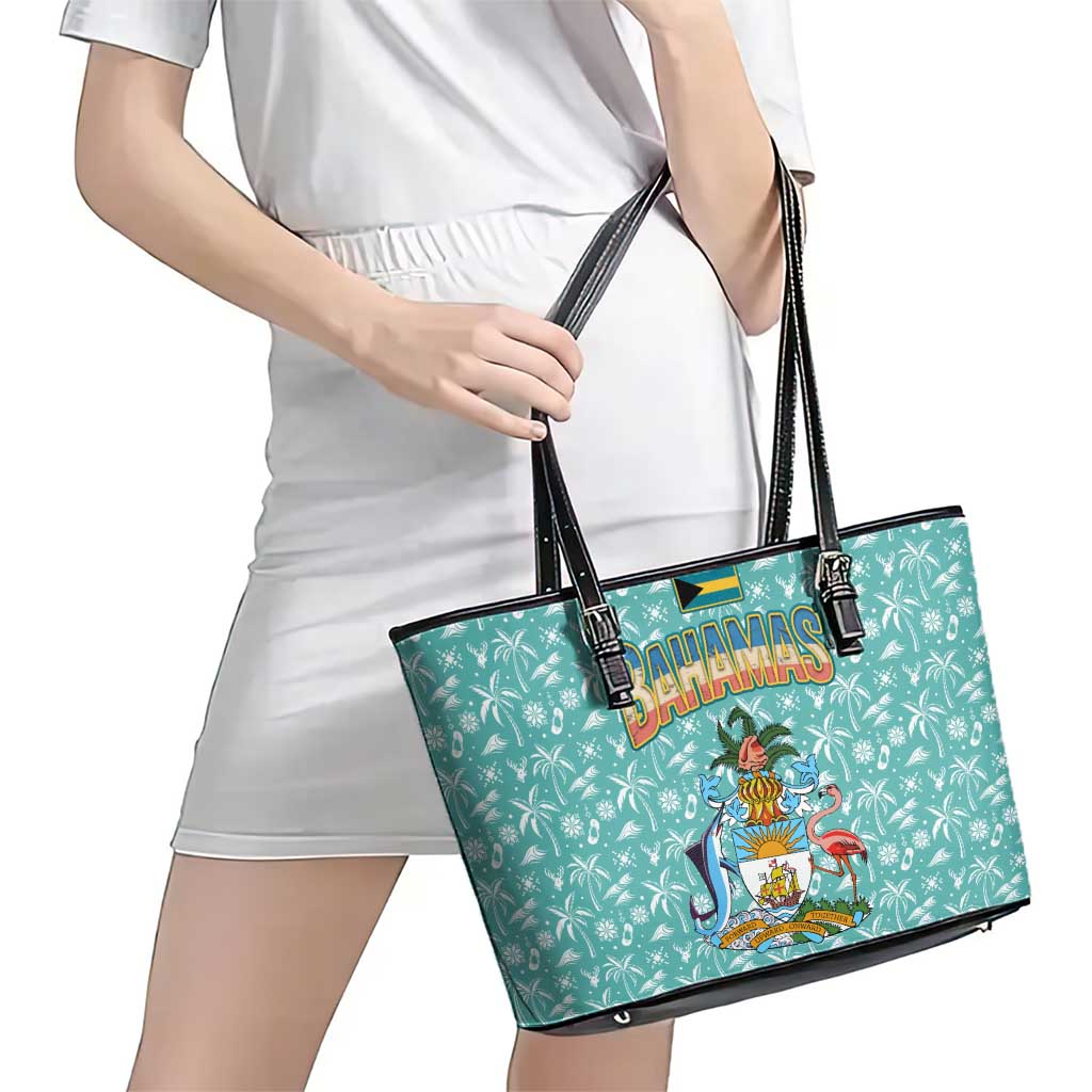 Bahamas Christmas Leather Tote Bag with Teal Palm Pattern Carnival Santa and National Emblem Motif - Wonder Print Shop