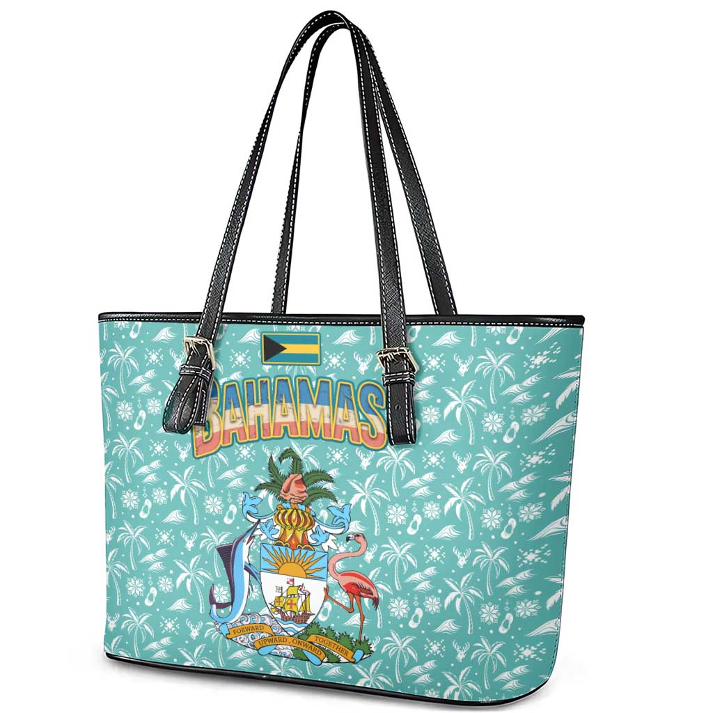 Bahamas Christmas Leather Tote Bag with Teal Palm Pattern Carnival Santa and National Emblem Motif - Wonder Print Shop