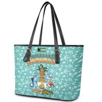Bahamas Christmas Leather Tote Bag with Teal Palm Pattern Carnival Santa and National Emblem Motif - Wonder Print Shop