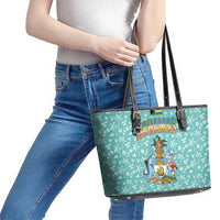 Bahamas Christmas Leather Tote Bag with Teal Palm Pattern Carnival Santa and National Emblem Motif - Wonder Print Shop