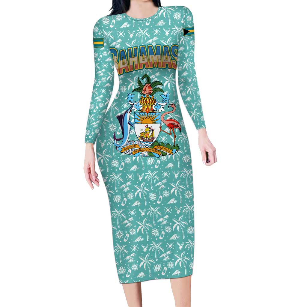 Bahamas Christmas Long Sleeve Bodycon Dress with Teal Palm Pattern Carnival Santa and National Emblem Motif - Wonder Print Shop