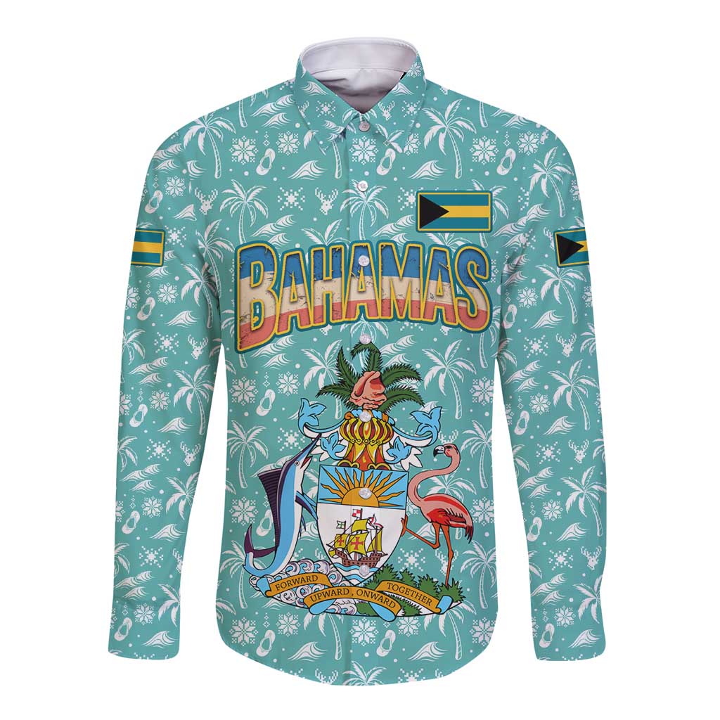 Bahamas Christmas Long Sleeve Button Shirt with Teal Palm Pattern Carnival Santa and National Emblem Motif - Wonder Print Shop