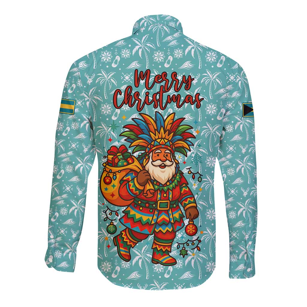 Bahamas Christmas Long Sleeve Button Shirt with Teal Palm Pattern Carnival Santa and National Emblem Motif - Wonder Print Shop
