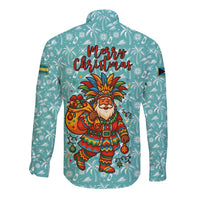 Bahamas Christmas Long Sleeve Button Shirt with Teal Palm Pattern Carnival Santa and National Emblem Motif - Wonder Print Shop