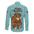Bahamas Christmas Long Sleeve Button Shirt with Teal Palm Pattern Carnival Santa and National Emblem Motif - Wonder Print Shop
