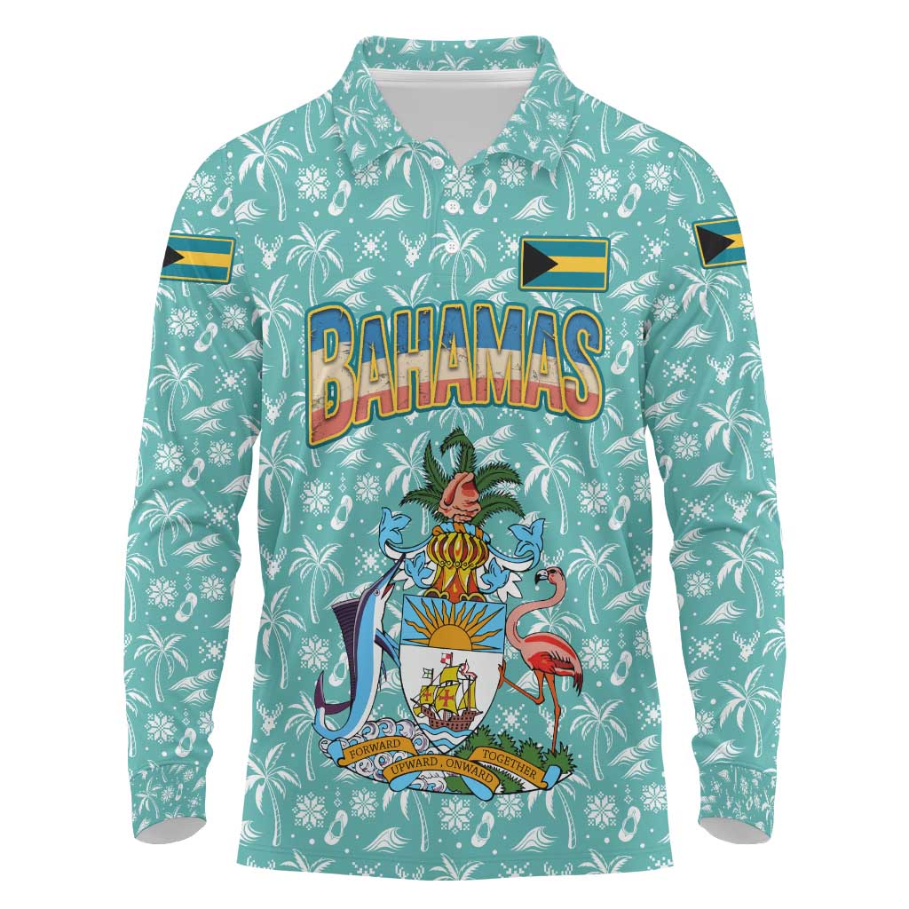 Bahamas Christmas Long Sleeve Polo Shirt with Teal Palm Pattern Carnival Santa and National Emblem Motif - Wonder Print Shop