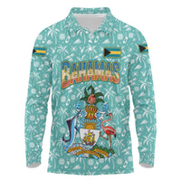 Bahamas Christmas Long Sleeve Polo Shirt with Teal Palm Pattern Carnival Santa and National Emblem Motif - Wonder Print Shop