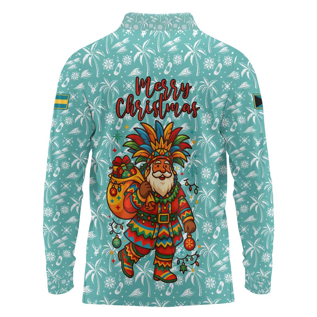 Bahamas Christmas Long Sleeve Polo Shirt with Teal Palm Pattern Carnival Santa and National Emblem Motif - Wonder Print Shop