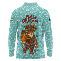 Bahamas Christmas Long Sleeve Polo Shirt with Teal Palm Pattern Carnival Santa and National Emblem Motif - Wonder Print Shop
