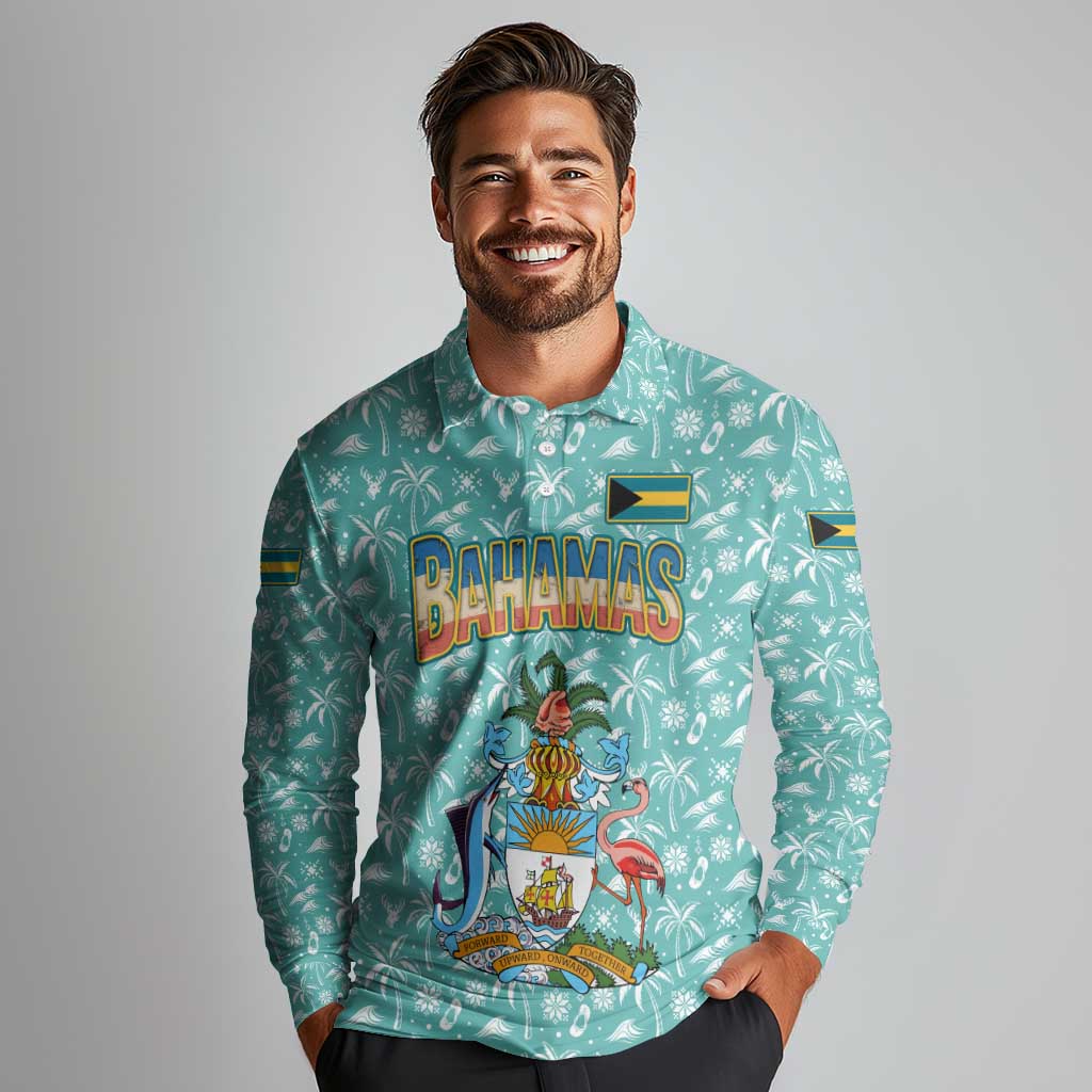 Bahamas Christmas Long Sleeve Polo Shirt with Teal Palm Pattern Carnival Santa and National Emblem Motif - Wonder Print Shop