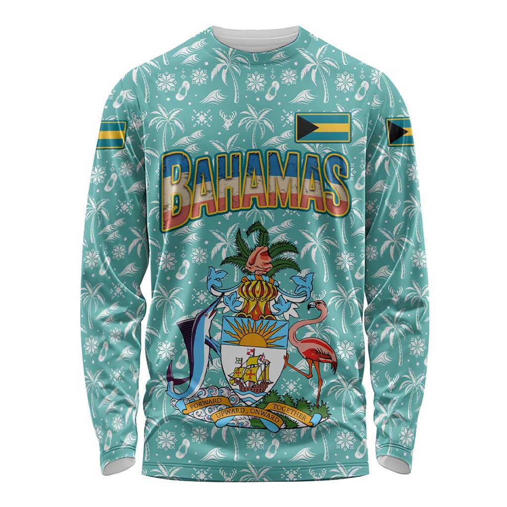 Bahamas Christmas Long Sleeve Shirt with Teal Palm Pattern Carnival Santa and National Emblem Motif - Wonder Print Shop
