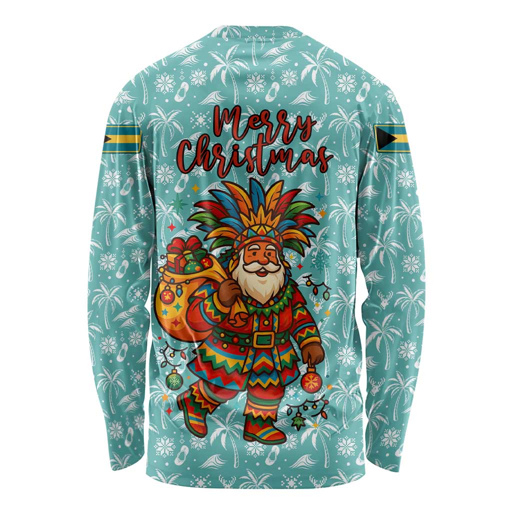 Bahamas Christmas Long Sleeve Shirt with Teal Palm Pattern Carnival Santa and National Emblem Motif - Wonder Print Shop