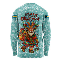 Bahamas Christmas Long Sleeve Shirt with Teal Palm Pattern Carnival Santa and National Emblem Motif - Wonder Print Shop