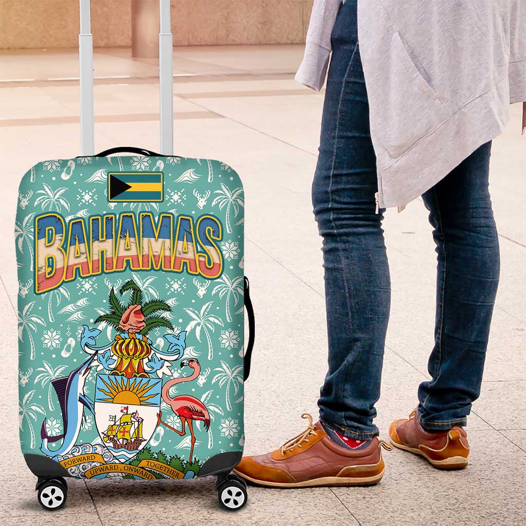 Bahamas Christmas Luggage Cover with Teal Palm Pattern Carnival Santa and National Emblem Motif - Wonder Print Shop