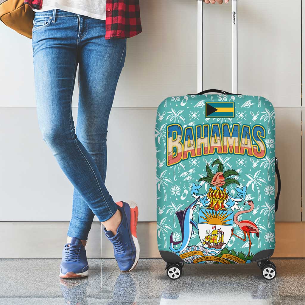 Bahamas Christmas Luggage Cover with Teal Palm Pattern Carnival Santa and National Emblem Motif - Wonder Print Shop