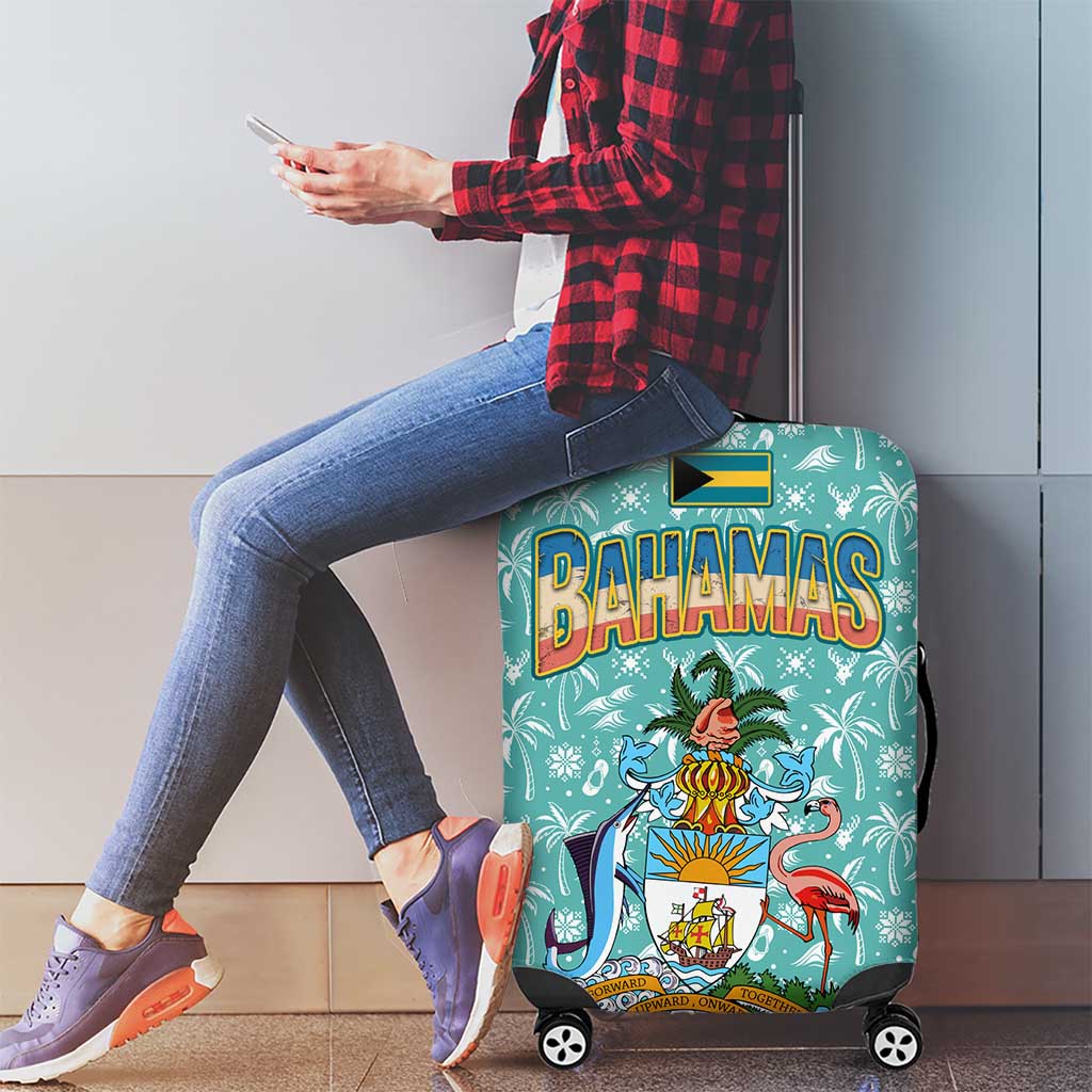 Bahamas Christmas Luggage Cover with Teal Palm Pattern Carnival Santa and National Emblem Motif - Wonder Print Shop