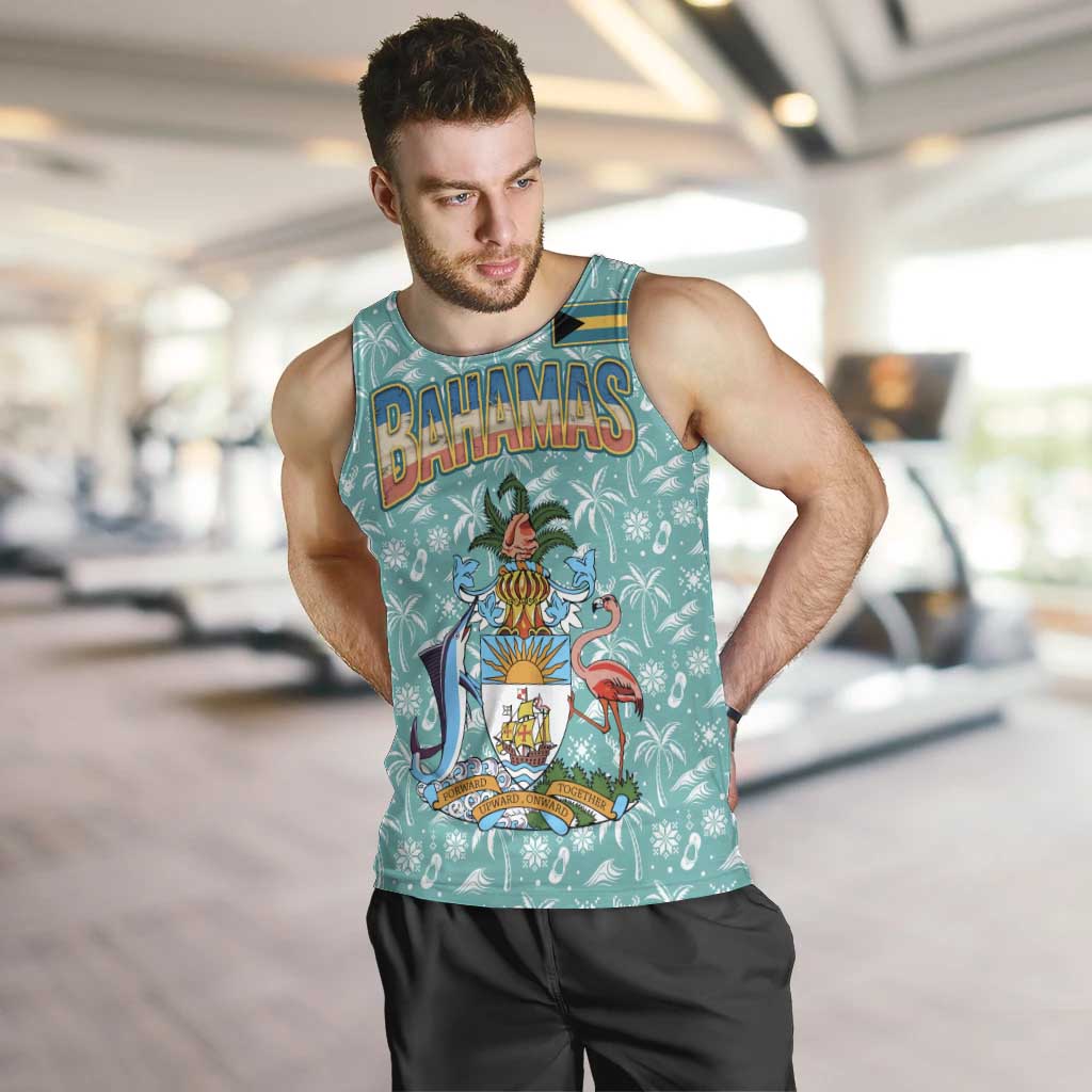 Bahamas Christmas Men Tank Top with Teal Palm Pattern Carnival Santa and National Emblem Motif - Wonder Print Shop