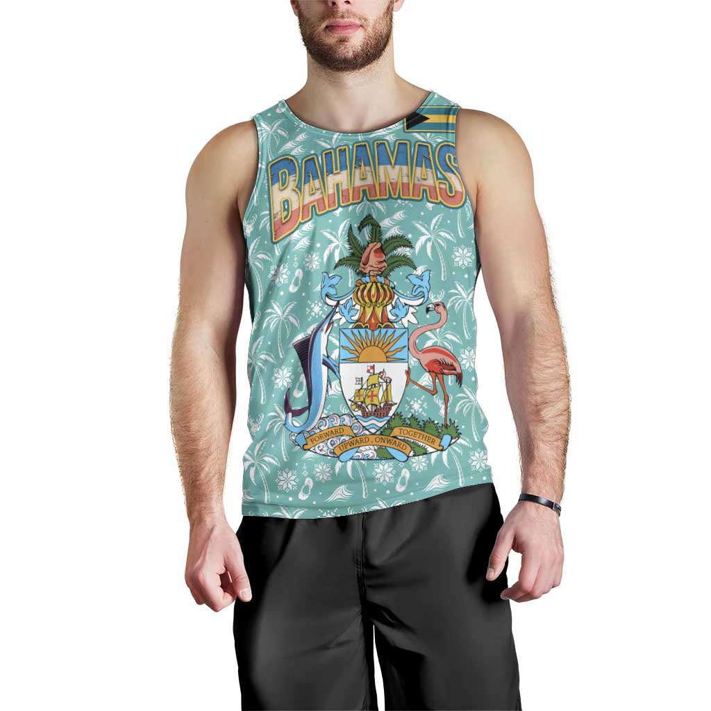 Bahamas Christmas Men Tank Top with Teal Palm Pattern Carnival Santa and National Emblem Motif - Wonder Print Shop