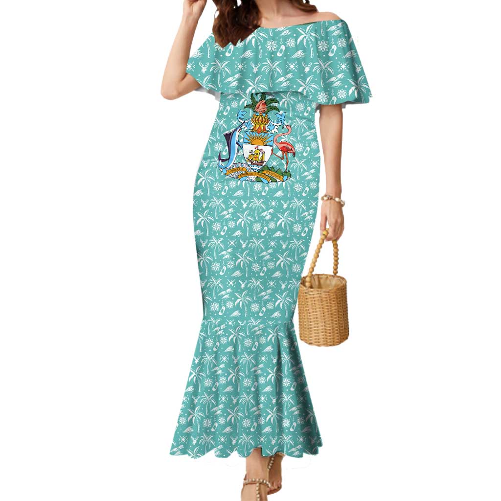 Bahamas Christmas Mermaid Dress with Teal Palm Pattern Carnival Santa and National Emblem Motif - Wonder Print Shop