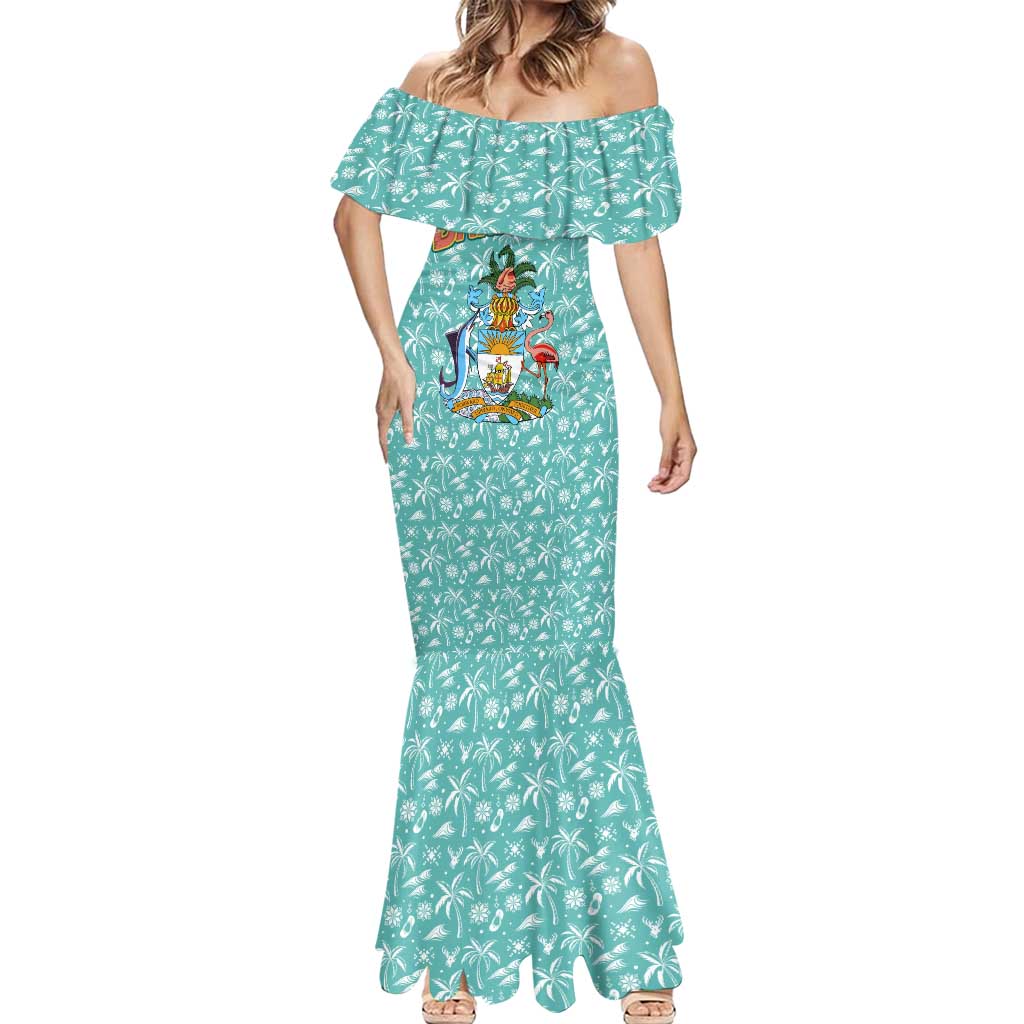 Bahamas Christmas Mermaid Dress with Teal Palm Pattern Carnival Santa and National Emblem Motif - Wonder Print Shop