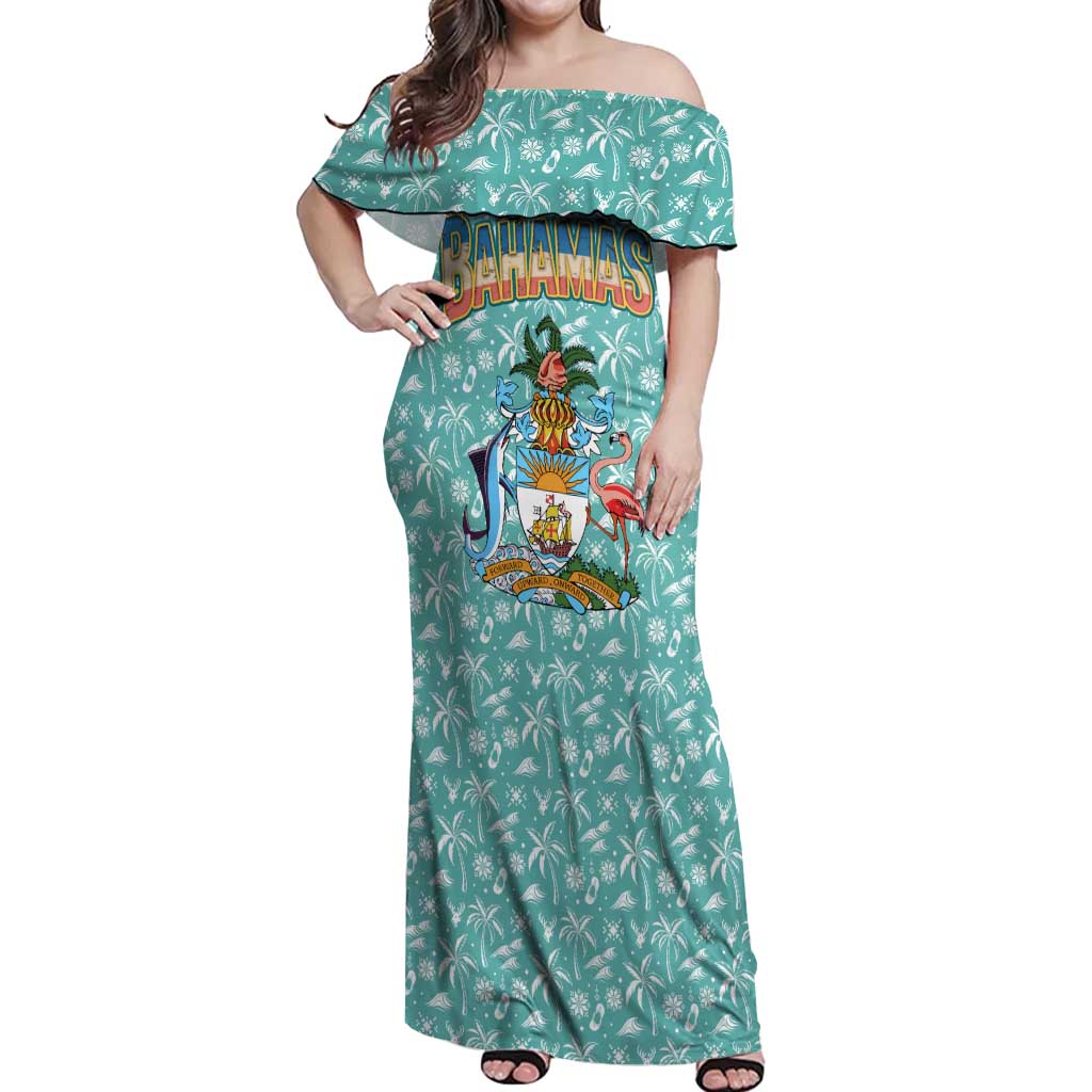 Bahamas Christmas Off Shoulder Maxi Dress with Teal Palm Pattern Carnival Santa and National Emblem Motif - Wonder Print Shop