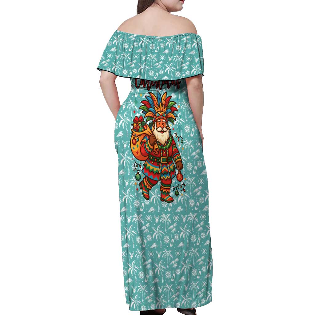 Bahamas Christmas Off Shoulder Maxi Dress with Teal Palm Pattern Carnival Santa and National Emblem Motif - Wonder Print Shop