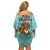 Bahamas Christmas Off Shoulder Short Dress with Teal Palm Pattern Carnival Santa and National Emblem Motif - Wonder Print Shop