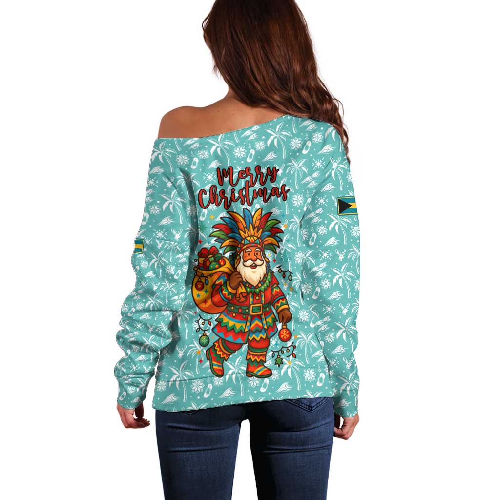 Bahamas Christmas Off Shoulder Sweater with Teal Palm Pattern Carnival Santa and National Emblem Motif - Wonder Print Shop