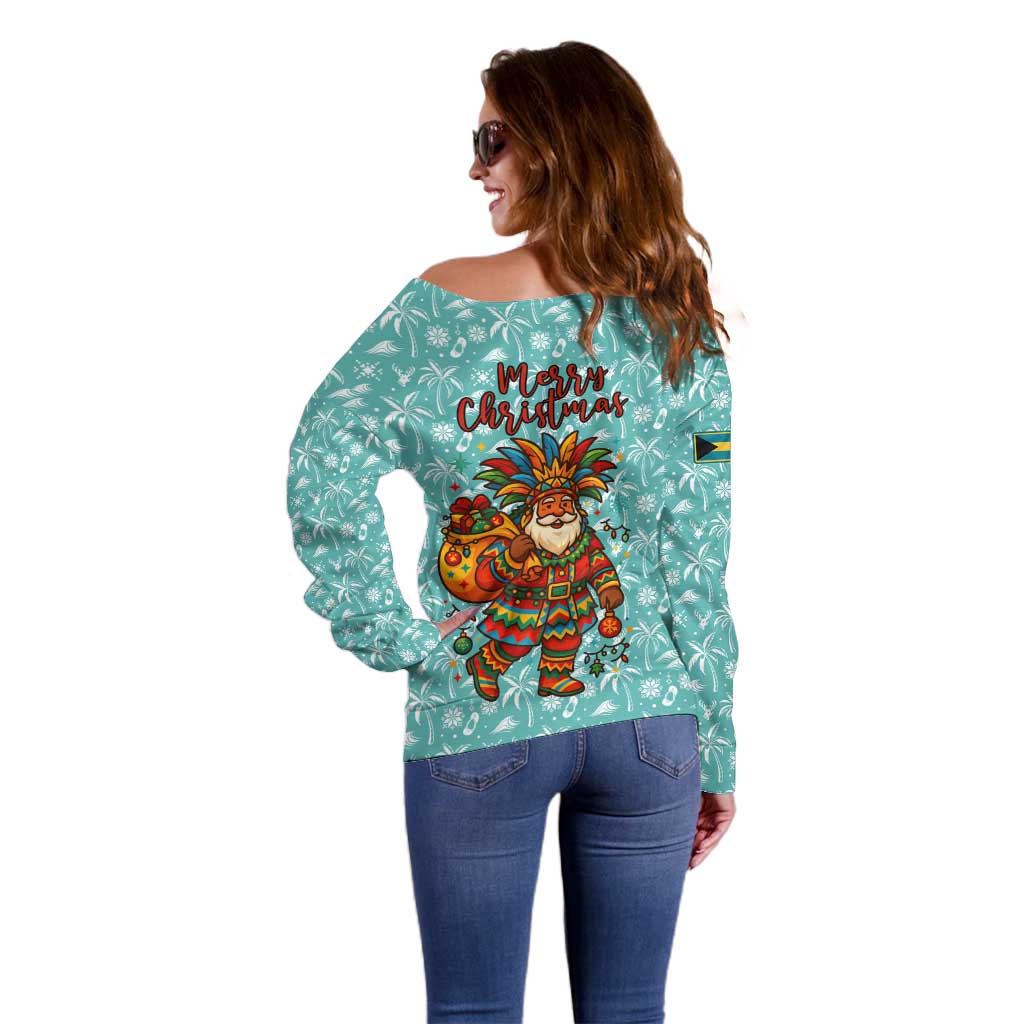 Bahamas Christmas Off Shoulder Sweater with Teal Palm Pattern Carnival Santa and National Emblem Motif - Wonder Print Shop