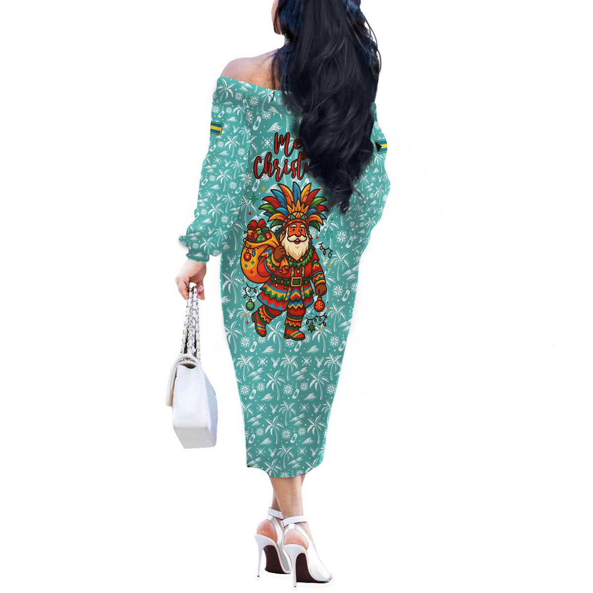 Bahamas Christmas Off The Shoulder Long Sleeve Dress with Teal Palm Pattern Carnival Santa and National Emblem Motif - Wonder Print Shop