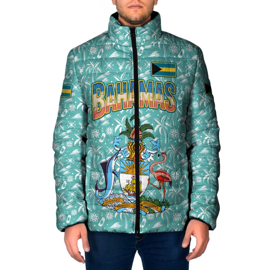 Bahamas Christmas Padded Jacket with Teal Palm Pattern Carnival Santa and National Emblem Motif - Wonder Print Shop