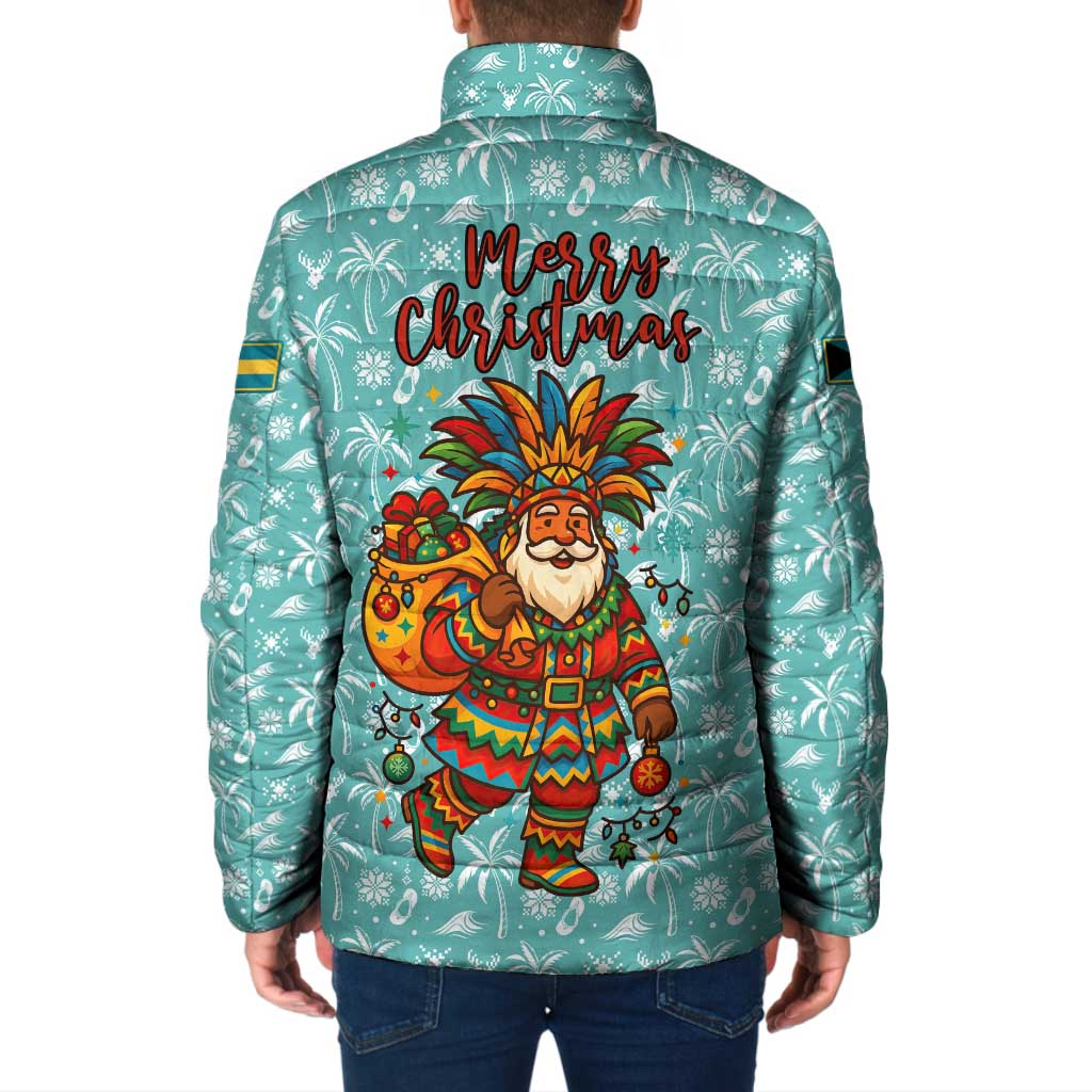 Bahamas Christmas Padded Jacket with Teal Palm Pattern Carnival Santa and National Emblem Motif - Wonder Print Shop