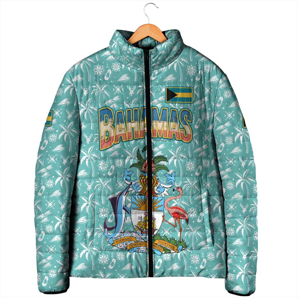 Bahamas Christmas Padded Jacket with Teal Palm Pattern Carnival Santa and National Emblem Motif - Wonder Print Shop