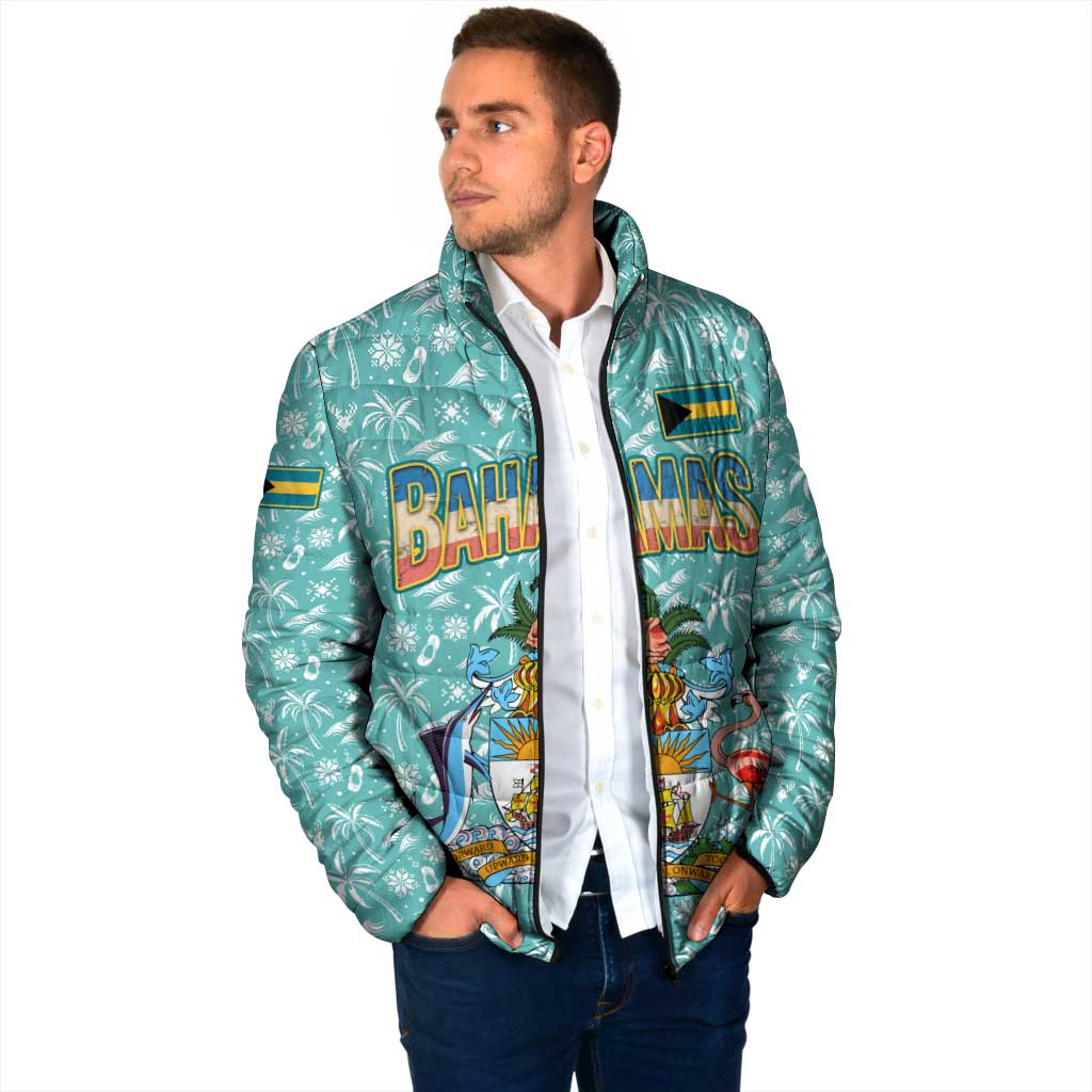 Bahamas Christmas Padded Jacket with Teal Palm Pattern Carnival Santa and National Emblem Motif - Wonder Print Shop