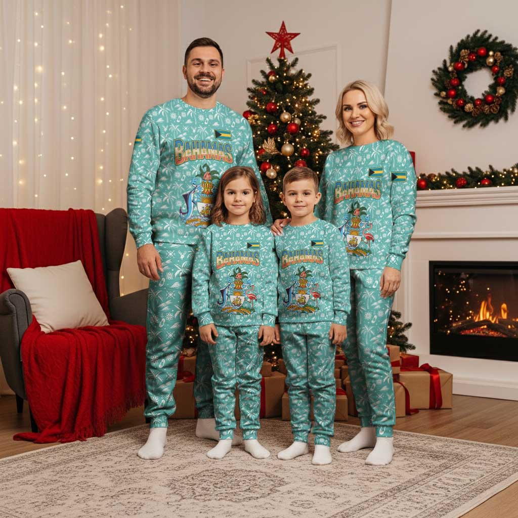 Bahamas Christmas Pajama Set with Teal Palm Pattern Carnival Santa and National Emblem Motif - Wonder Print Shop