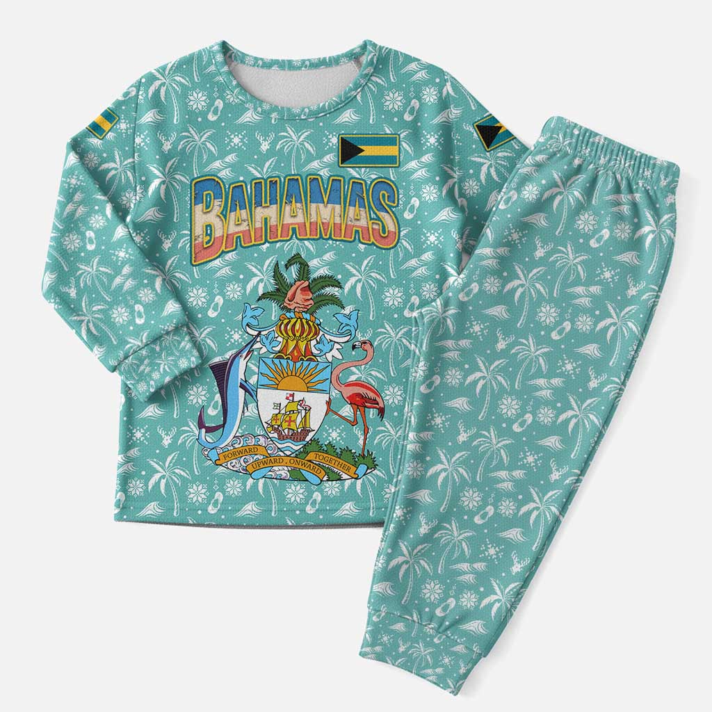 Bahamas Christmas Pajama Set with Teal Palm Pattern Carnival Santa and National Emblem Motif - Wonder Print Shop