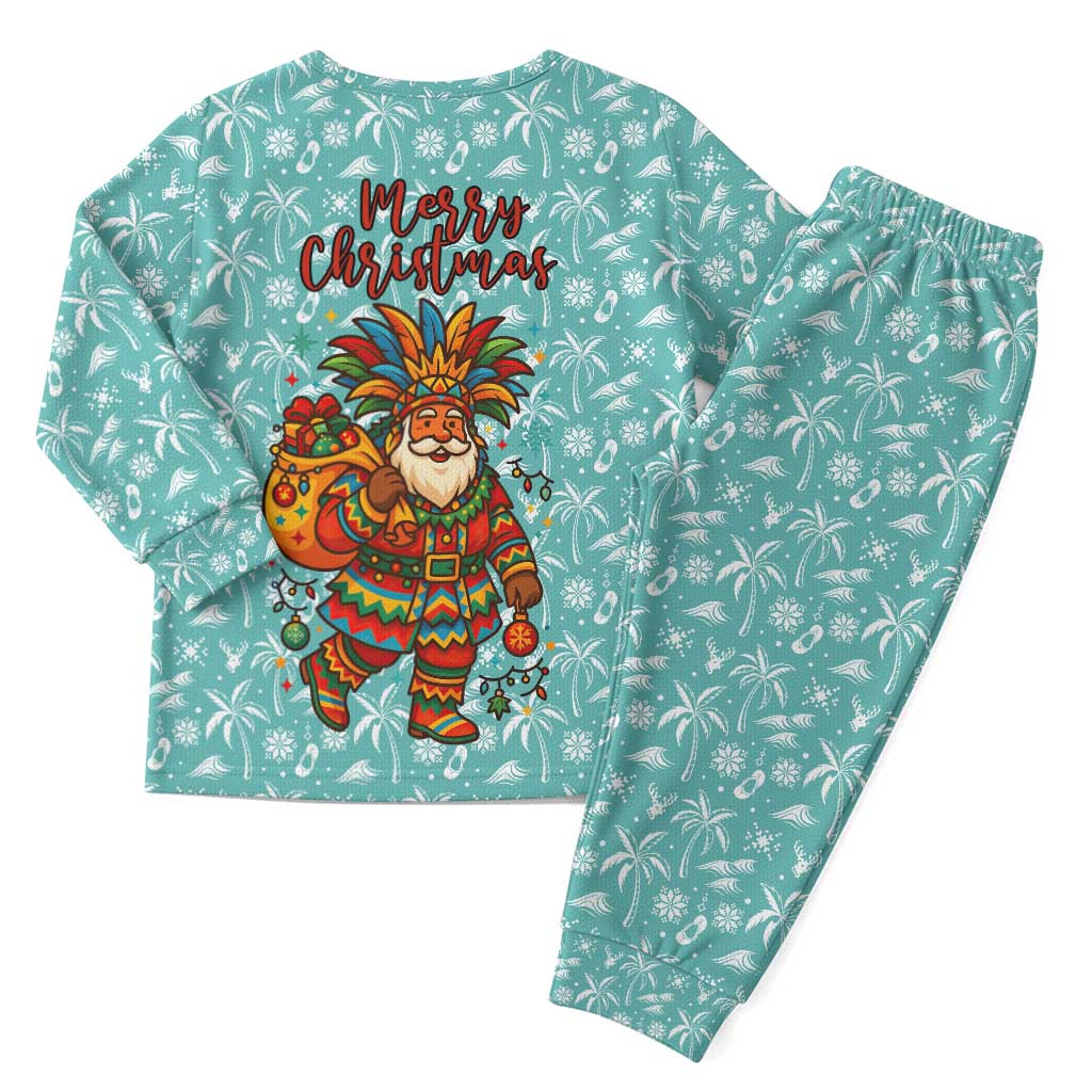 Bahamas Christmas Pajama Set with Teal Palm Pattern Carnival Santa and National Emblem Motif - Wonder Print Shop