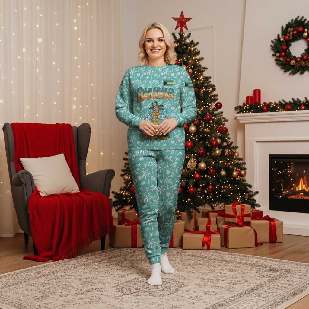 Bahamas Christmas Pajama Set with Teal Palm Pattern Carnival Santa and National Emblem Motif - Wonder Print Shop
